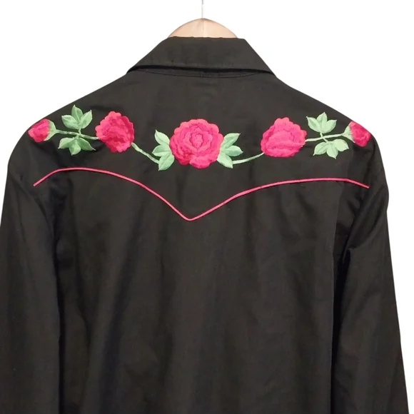 VTG Karman Cowboy Western Peal Snap Embroidered Floral Roses Shirt 80s Mens - Picture 10 of 10